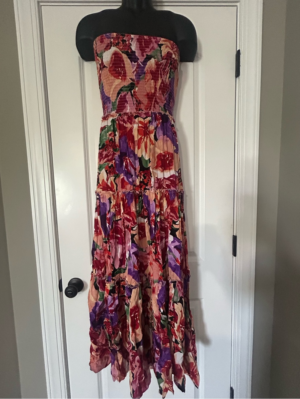 Floral Strapless Smocked Maxi Dress in Multi-Color